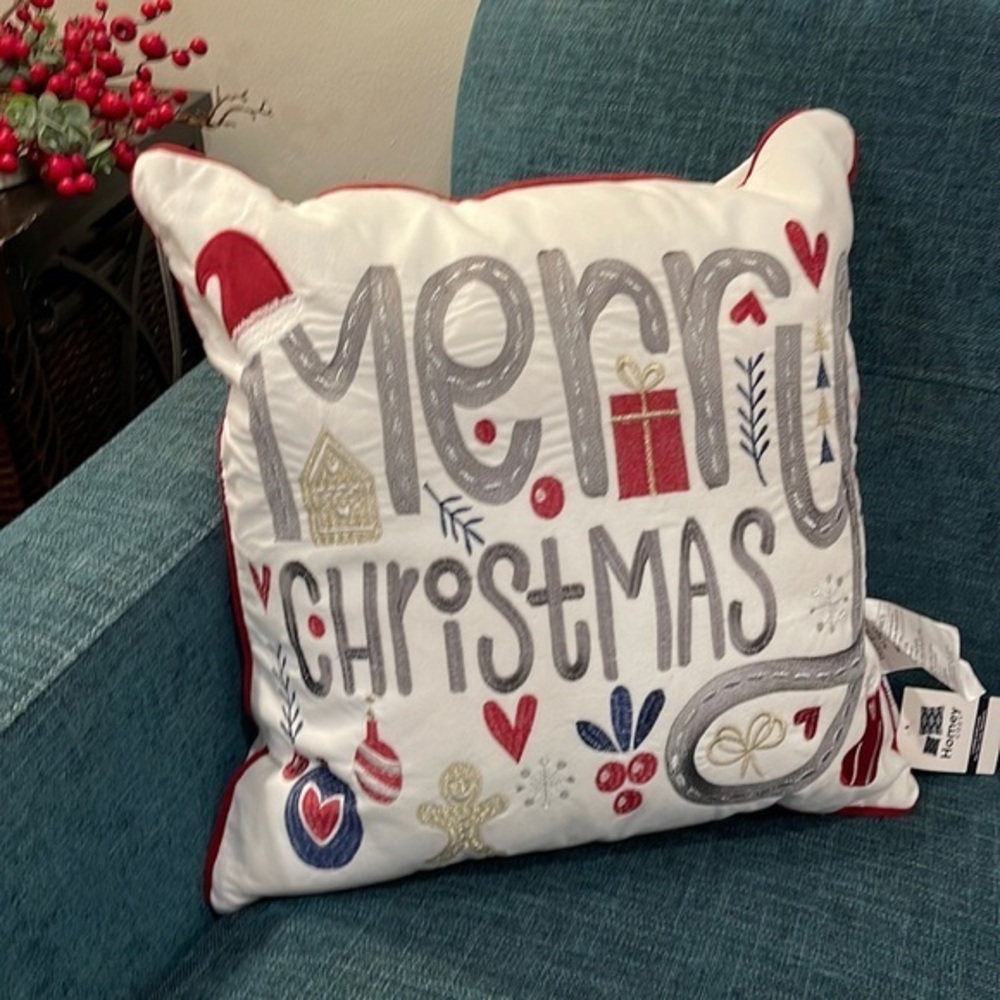 Homey Cozy, 18” Square, Merry Christmas Pillow with Embroidery